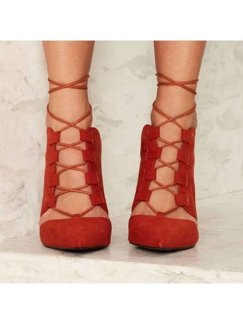 Nasty Gal burnt orange red lace-up faux leather mules high heels Sz 8.5
